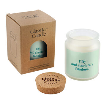 50th Birthday Candle • 'Fifty And Absolutely Fabulous' Large Clear Candle • Birthday Gift • Scented Glass Jar Candle • Gift Box, 3 of 3