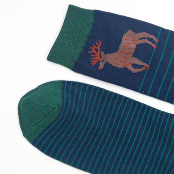 Men's Bamboo Socks Navy Green Stag Stripe, 4 of 5