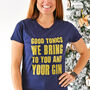 'Good Tonics We Bring' Gold Slogan T Shirt, thumbnail 2 of 6