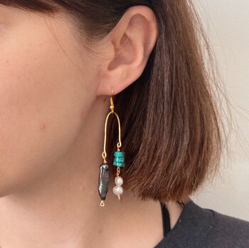 Pearl And Turquoise Asymmetric Drop Earrings, 4 of 7