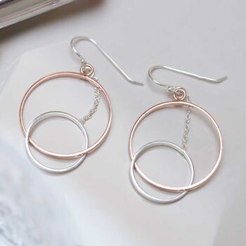 Sterling Silver Rose Gold Circles Dangly Earrings, 2 of 7