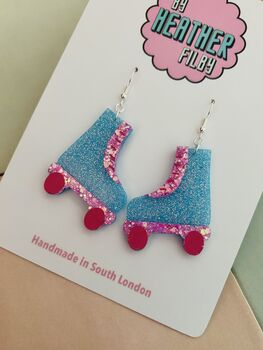Blue And Pink Roller Skate Earrings / Disco Ball Sparkle Jewellery Skating Gift / Skate Lover Gift / 80s Disco Aesthetic Jewellery, 4 of 5
