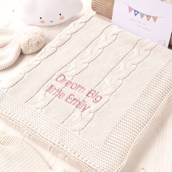 New Baby Pale Grey And Cream Knitted Blanket And Outfit, 5 of 12