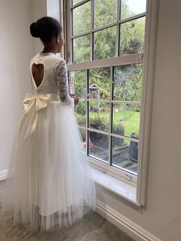 Long Sleeve Lace Flower Girl Dress – Heart Back Tulle Dress For Communion And Christening UK Handmade, 4 of 9