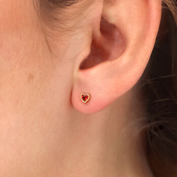 Silver Or Gold Plated Mini Red Cz Heart Stud Earrings, 3 of 4