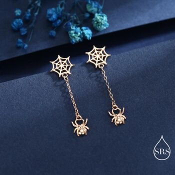 Sterling Silver Dangling Spider And Spider Web Stud Earrings, 3 of 12