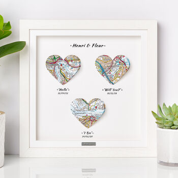 Wooden Anniversary Gift 3D Heart Map Locations Print In Solid Wooden Frame, 5 of 12
