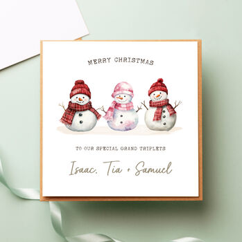 Personalised Snowman Triplet Girls Christmas Card, 4 of 5