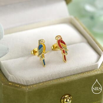 Mismatched Macaw Parrot Bird Stud Earrings In Sterling Silver, 3 of 12