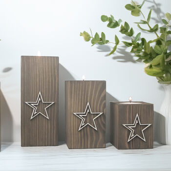 Trio Of Wooden Tea Light Holders Raised Star Design, 6 of 11