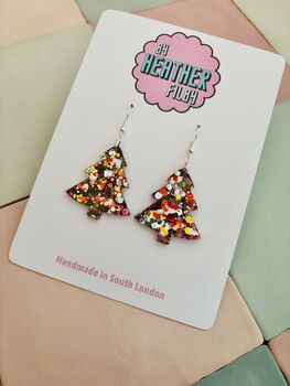 Gold, Silver And Red Christmas Tree Glitter Resin Earrings / Traditional Holiday Jewellery / Christmas Gift / Secret Santa Gift, 5 of 10