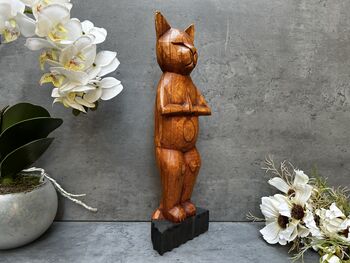 32cm Handcarved Yoga Cat Wooden Ornament Gift Decor, 4 of 12