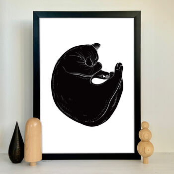 Cat Nap Black And White Linocut Art Print, 3 of 7