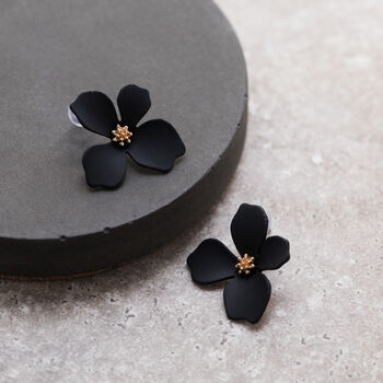 Black Hand Painted Flower Shaped Stud Earrings, 2 of 10