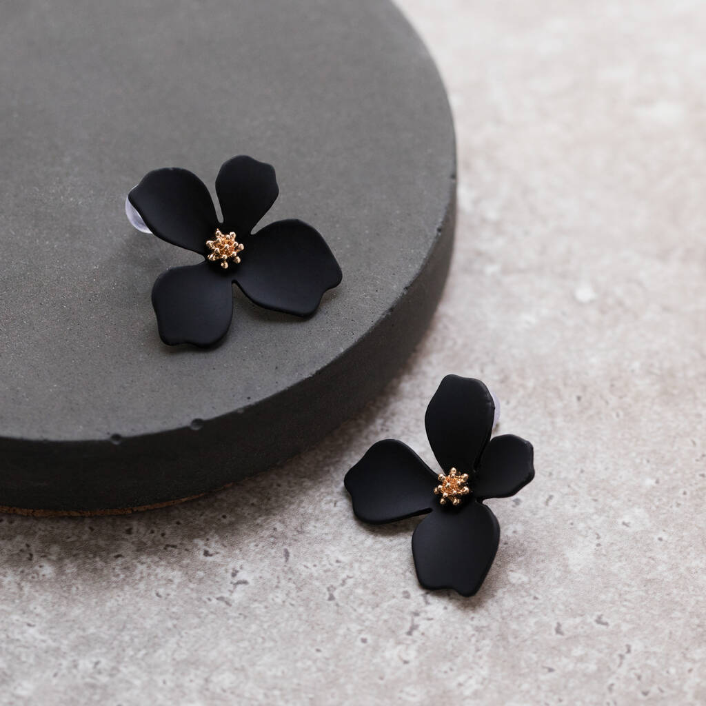 Black Hand Painted Flower Shaped Stud Earrings, 1 of 10