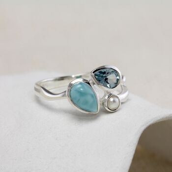 Larimar, Blue Topaz And Freshwater Pearl Trio Ring, 3 of 7