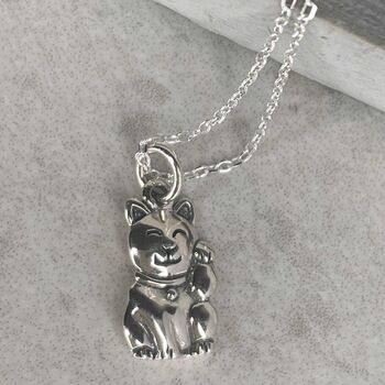 925 Sterling Silver Maneki Neko Cat Necklace, 8 of 12