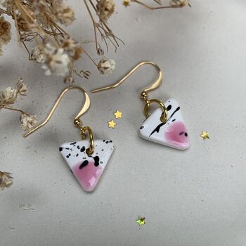Ceramic Triangle Earrings Pink White And Black Speckled Dangle Earrings With Gold Hooks, 8 of 11