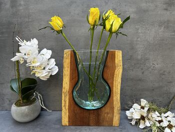 Huge Heavy 31cm Molten Glass Wedge Vase On Teak Root Flower Holder, 8 of 12