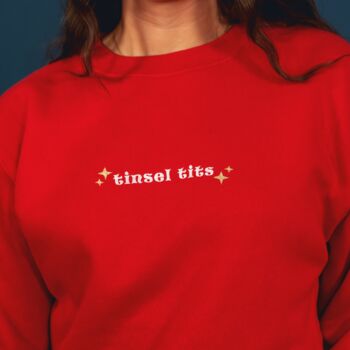 Embroidered Tinsel Tits Slogan Christmas Jumper, 2 of 5