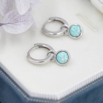 Sterling Silver Dangling Green Opal Hoop Earrings, 2 of 12