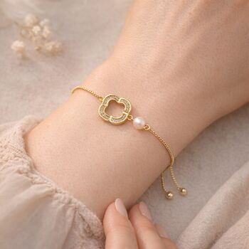 Mother And Daughter Bracelet With Pearl And Cubic Zirconia Flower Charm, 2 of 6