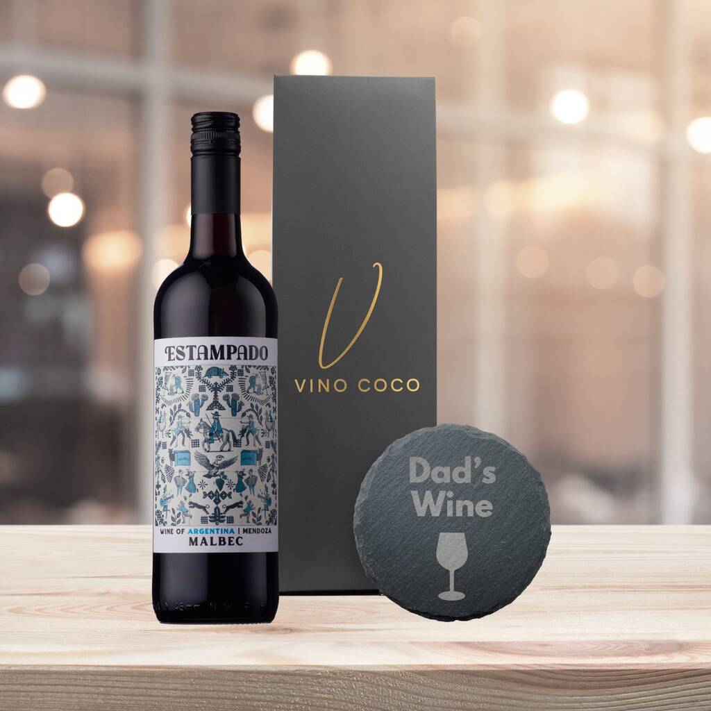 Vino Coco Malbec Red Wine And 'Dad's Wine' Slate Coaster Gift Set For Dads, 1 of 8
