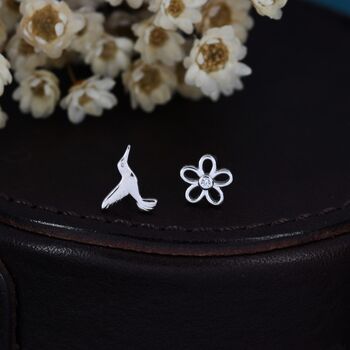 Mismatched Hummingbird And Flower Stud Earrings, 8 of 12