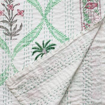 Floral Pink Palm Tree Print Kantha Throw, 6 of 6