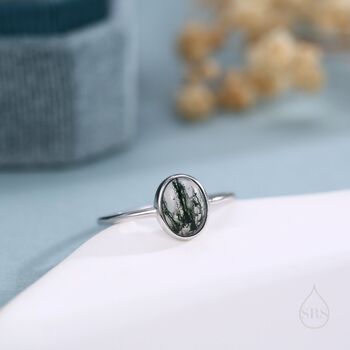 Oval Cabochon Moss Agate Classic Single Stone In Sterling Silver, 7 of 12