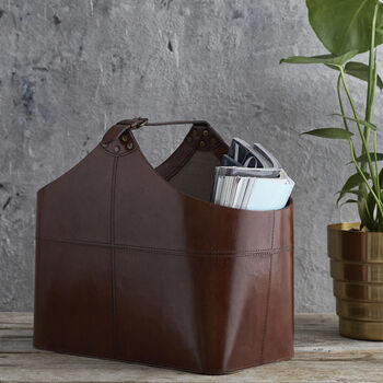 Buckled Handle Leather Magazine Basket, 2 of 3