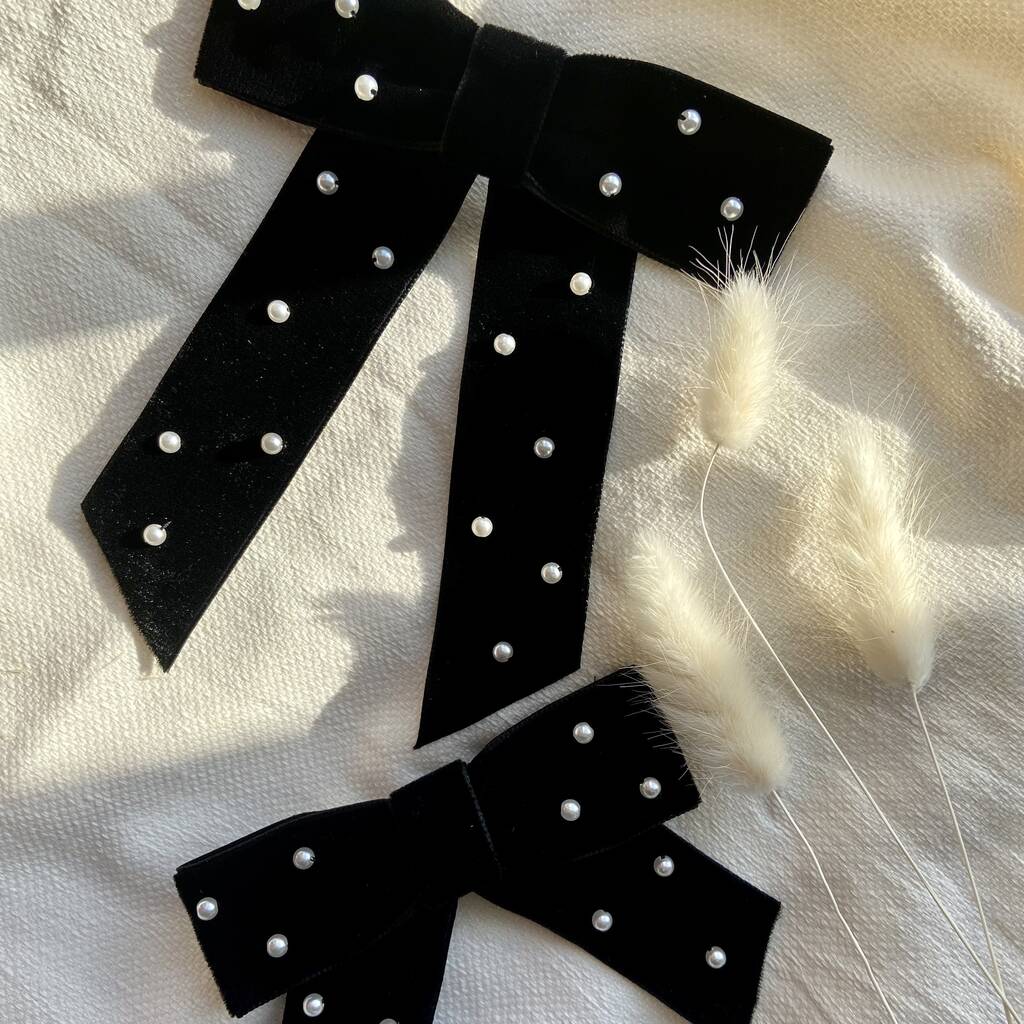 Velvet And Faux Pearl Hair Bow Barrette By Tayla Tayla