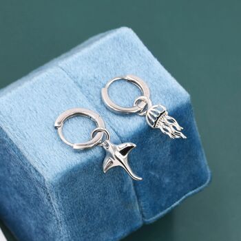 Mismatched Manta Ray Fish And Jellyfish Huggie Hoop Earrings, 5 of 12