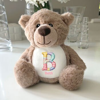 Personalised Patchwork Alphabet Brown New Baby Teddy Bear, 2 of 5