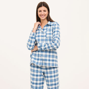 Women's Brushed Cotton Pyjamas In A Blue Check, 4 of 5
