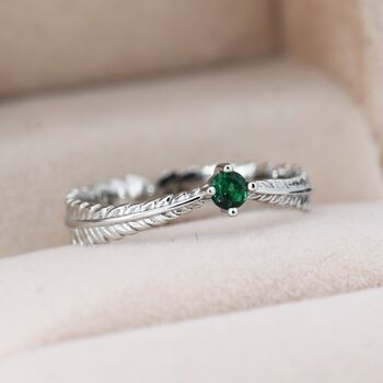 Sterling Silver Fern Leaf Emerald Green Cz Ring, 7 of 12