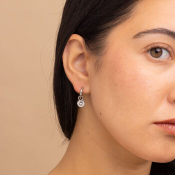 Textured Sun Charm Huggie Hoops In Silver Colour Finish With Removable Charm, 3 of 11