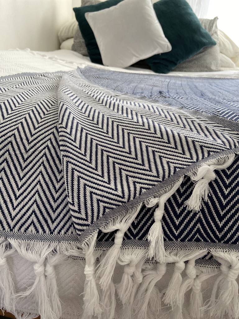 Navy Herringbone Soft Cotton Bedspread, 1 of 12