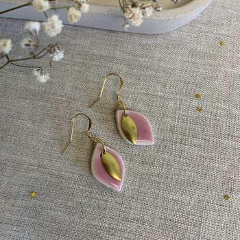 Handmade Baby Pink Ceramic Leaf Earrings Gold Plated, 8 of 8