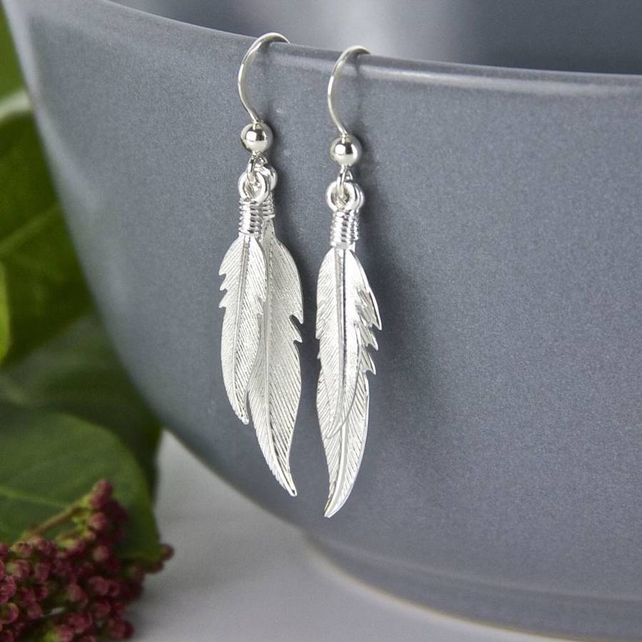 Southwestern Sterling Silver-Jet & Dangling Feathers-Hook Earrings 1014 