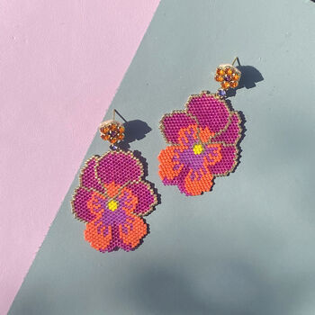 Hand Beaded Pink Pansy Statement Earrings, 7 of 9