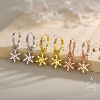 Sterling Silver Dainty Snowflake Huggie Hoop, 5 of 10