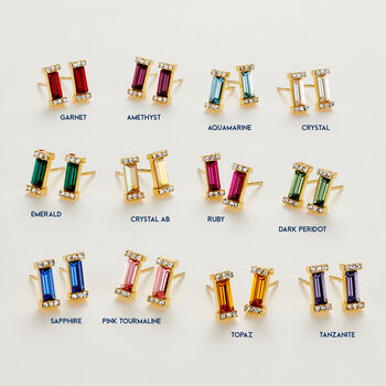 Birthstone Baguette Stud Earrings In Gold Vermeil, 3 of 12