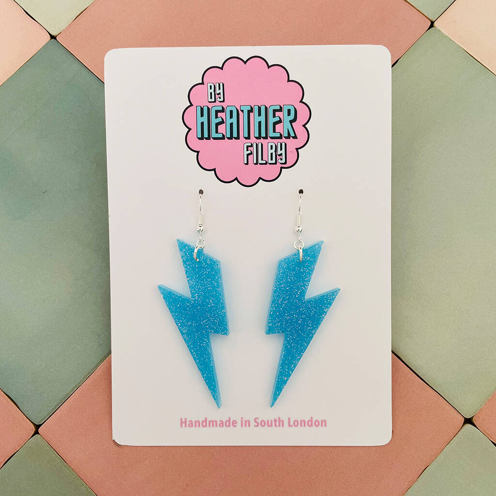 Light Blue Glitter Lightning Bolt Earrings Small And Large, 1 of 10