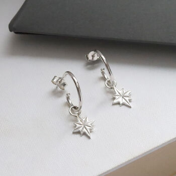 Sterling Silver North Star Charm Hoop Earrings, 2 of 6