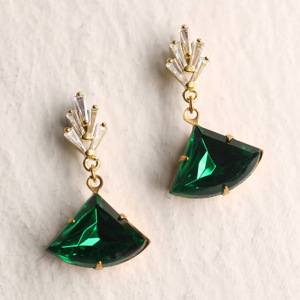Emerald Art Deco Crystal Fan Earrings