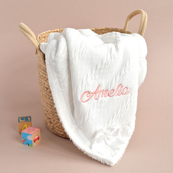 Personalised White Knitted Blanket With Bow, 7 of 10