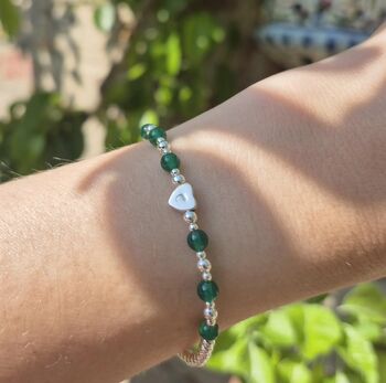 Sterling Silver May Emerald Beaded Bracelet: May Birthstone Personalised Initial Heart, 4 of 5