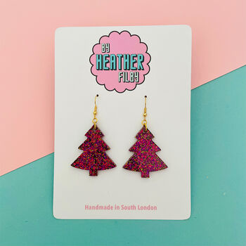 Red Wine / Hot Pink And Gold Glitter Christmas Tree Earrings Small And Large, 2 of 2