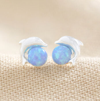 Blue Opal Dolphin Stud Earrings In Silver, 2 of 4